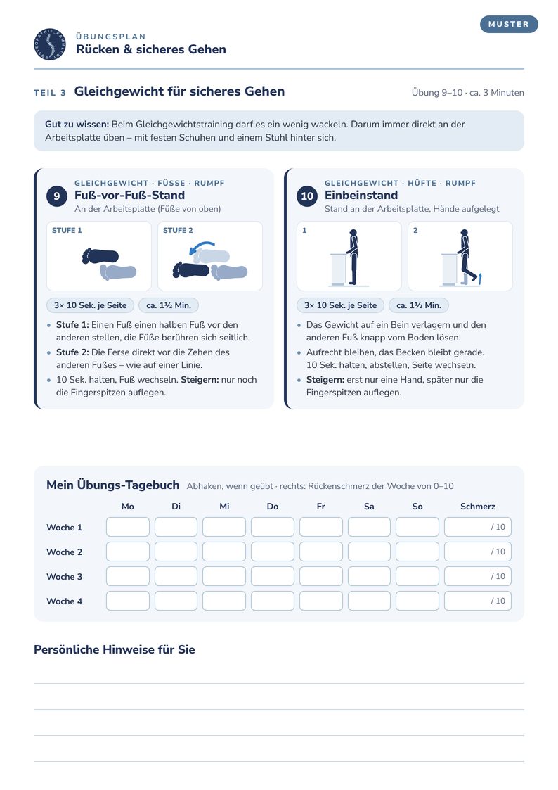 Seite 3: Teil 3, Gleichgewicht, mit den Übungen 9 und 10, Fuß-vor-Fuß-Stand und Einbeinstand, dazu ein Übungs-Tagebuch für vier Wochen und Platz für persönliche Hinweise.