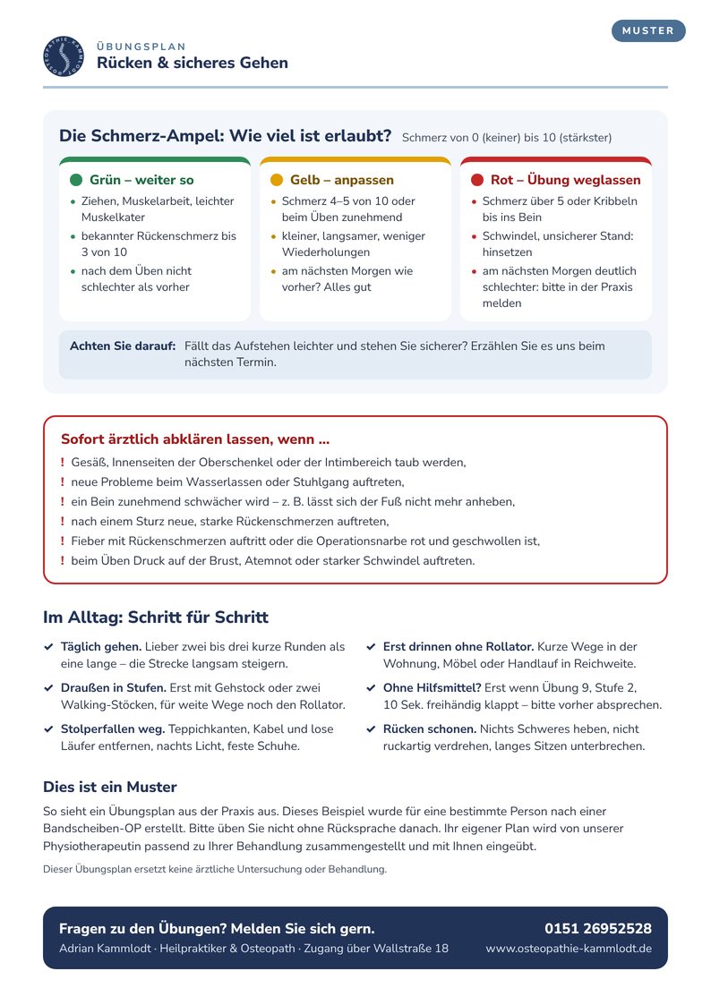 Seite 4: Schmerz-Ampel, Warnzeichen für eine sofortige ärztliche Abklärung, Tipps für den Alltag und die Kontaktdaten der Praxis.